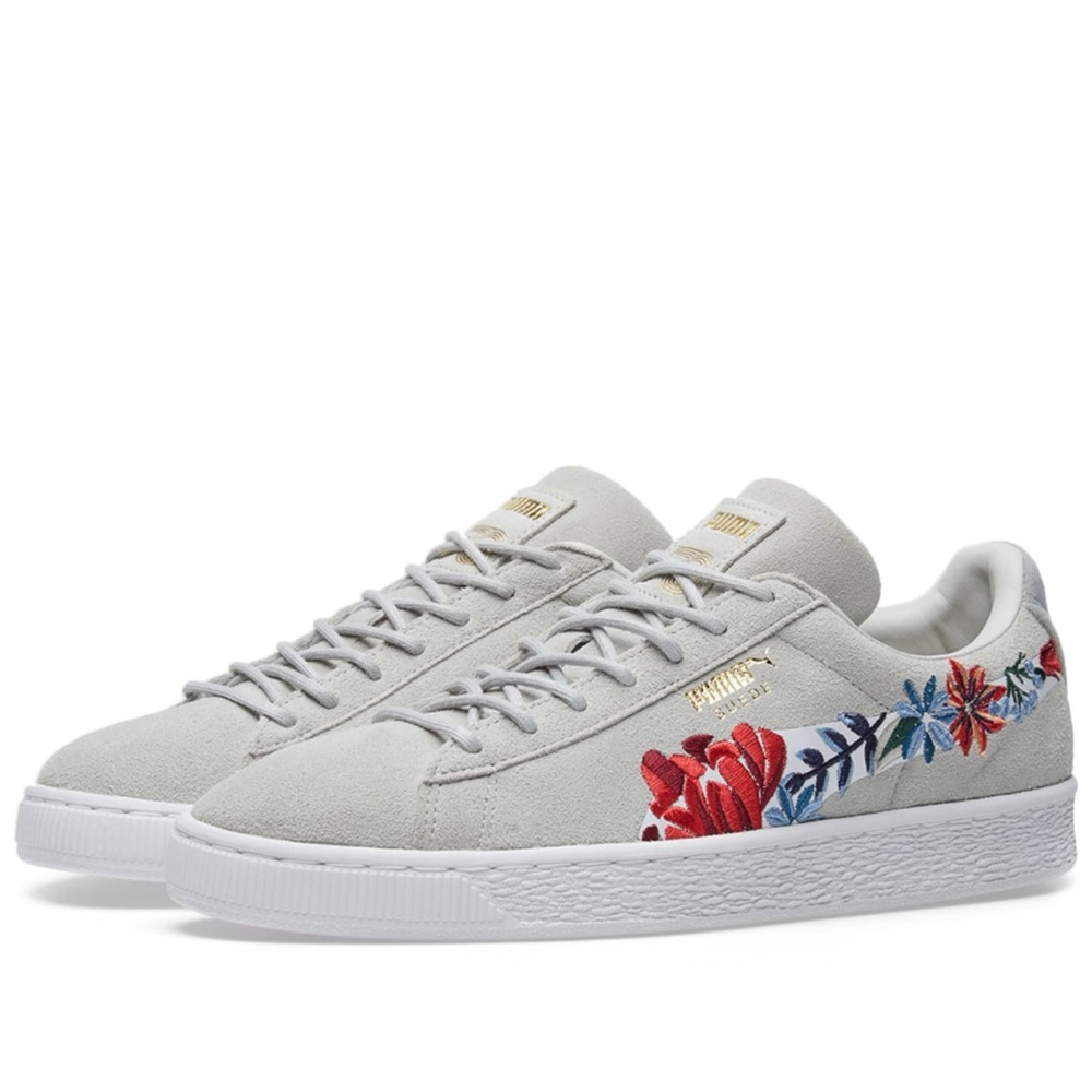 Puma Gray Suede Sneakers with Red & Blue Floral Embroidery